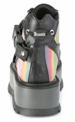 Demonia SLACKER-32 Black Rainbow Reflective Platform Ankle Boots