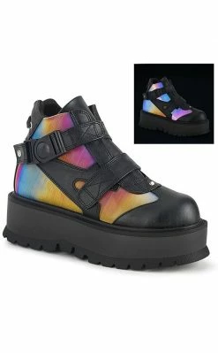 Demonia SLACKER-32 Black Rainbow Reflective Platform Ankle Boots