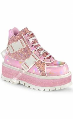 Demonia SLACKER-50 Baby Pink Holo/Multi Glitter Ankle Boots Platform Shoes