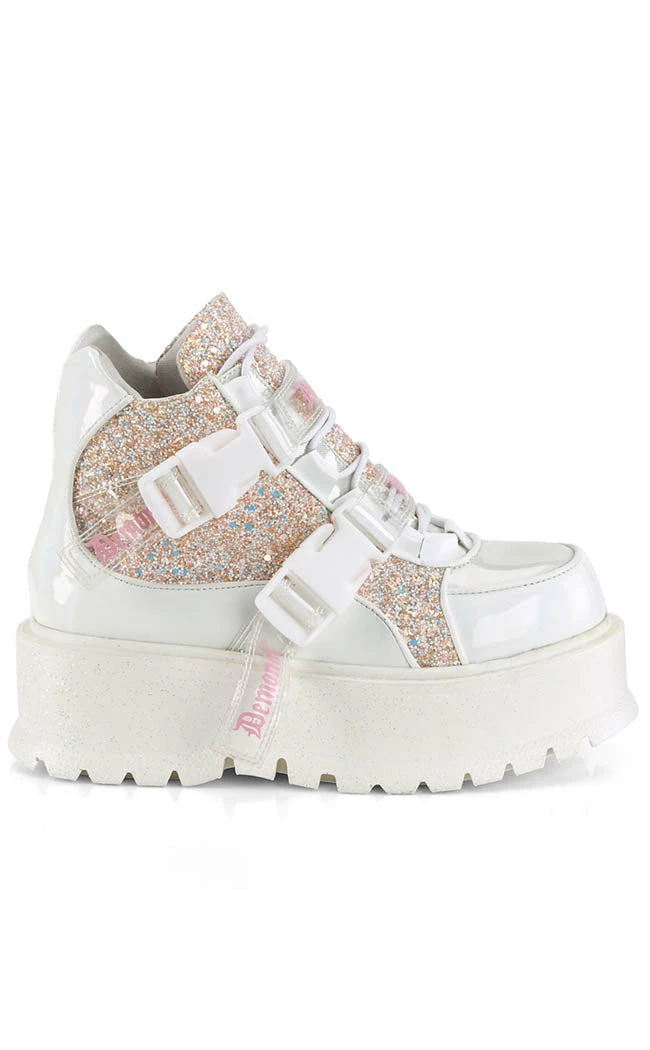 Demonia Platform Shoes SLACKER-50 White Holo/Multi Glitter Ankle Boots (Au Stock) 7 Demonia Platform Shoes SLACKER-50 White Holo/Multi Glitter Ankle Boots (Au Stock)