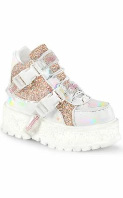 Demonia Platform Shoes SLACKER-50 White Holo/Multi Glitter Ankle Boots (Au Stock)