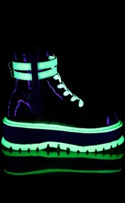 Demonia SLACKER-52 Black Patent & UV Green Platform Ankle Boots