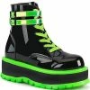 Demonia SLACKER-52 Black Patent & UV Green Platform Ankle Boots