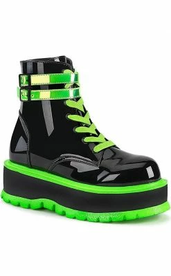 Demonia SLACKER-52 Black Patent & UV Green Platform Ankle Boots