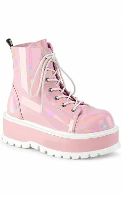 Demonia SLACKER-55 Baby Pink Holo Ankle Boots Platform Shoes