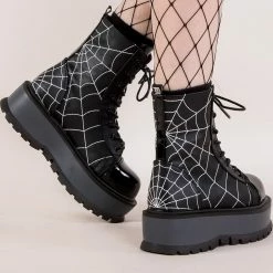 Demonia SLACKER-88 Black Spiderweb Vegan Leather Platform Ankle Boots