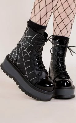Demonia SLACKER-88 Black Spiderweb Vegan Leather Platform Ankle Boots