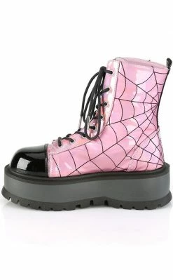 Demonia SLACKER-88 Pink Holographic Spiderweb Platform Ankle Boots Shoes
