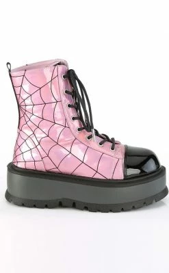 Demonia SLACKER-88 Pink Holographic Spiderweb Platform Ankle Boots Shoes