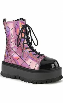 Demonia SLACKER-88 Pink Holographic Spiderweb Platform Ankle Boots Shoes