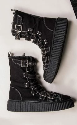 Demonia SNEEKER-318 Black Canvas Strapped Creeper Sneakers