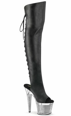 Pleaser SPECTATOR-3019 Black Matte/Silver Chrome Thigh High Boots Pole Shoes