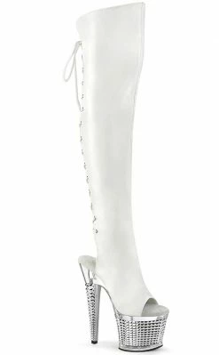 Pleaser Pole Shoes SPECTATOR-3019 White/Silver Chrome Thigh High Boots