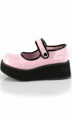 Demonia Shoes SPRITE-01 Pink Holo Patent Platform Mary Janes