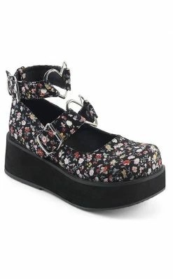 Demonia Shoes SPRITE-02 Floral Fabric Platform Mary Janes