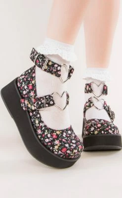 Demonia Shoes SPRITE-02 Floral Fabric Platform Mary Janes
