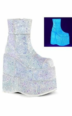 Demonia STACK-201G White Glitter Platform Boots Shoes
