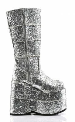 Demonia Shoes STACK-301G Silver Glitter Platform Boots
