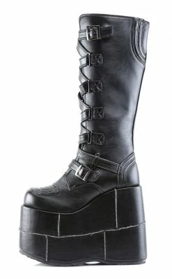 Demonia STACK-308 Black Vegan Leather Platform Boots Shoes