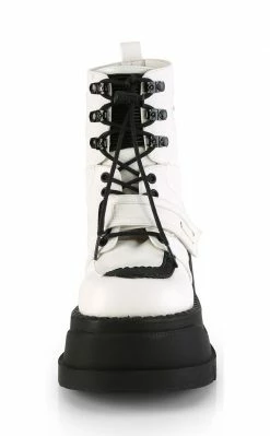 Demonia STOMP-13 White Vegan Leather Platform Ankle Boots