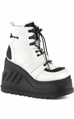 Demonia STOMP-13 White Vegan Leather Platform Ankle Boots