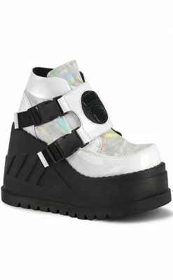 Demonia Shoes STOMP-15 White Holographic Platform Sneakers
