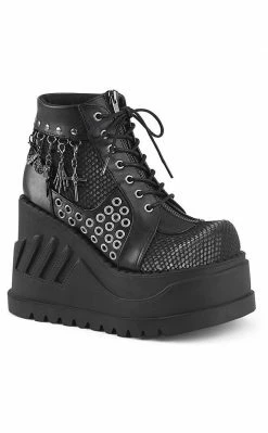 Demonia STOMP-18 Black Vegan Leather Platform Ankle Boots Shoes