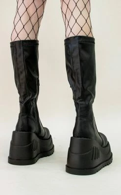 Demonia STOMP-200 Black Vegan Leather Knee High Platform Boots (Au Stock)
