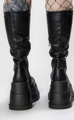 Demonia STOMP-200 Black Vegan Leather Knee High Platform Boots (Au Stock)