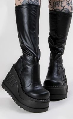 Demonia STOMP-200 Black Vegan Leather Knee High Platform Boots (Au Stock)