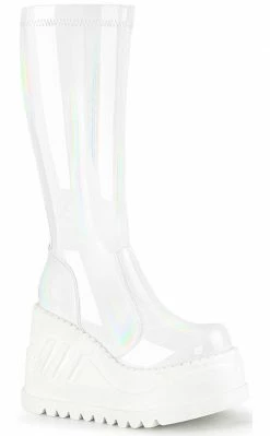 Demonia STOMP-200 White Holographic Knee High Platform Boots