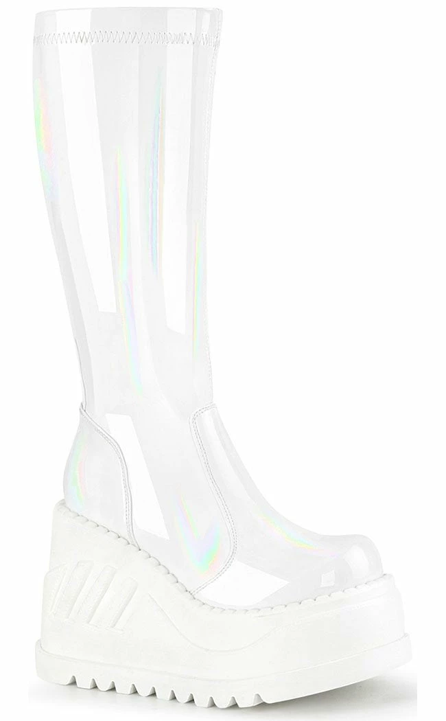 Demonia STOMP-200 White Holographic Knee High Platform Boots 3 Demonia STOMP-200 White Holographic Knee High Platform Boots