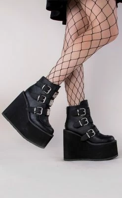 Demonia Shoes SWING-105 Black Vegan Leather Platform Ankle Boots