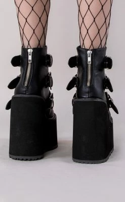 Demonia Shoes SWING-105 Black Vegan Leather Platform Ankle Boots