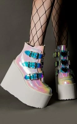 Demonia Shoes SWING-105 Pearl Iridescent Platform Ankle Boots