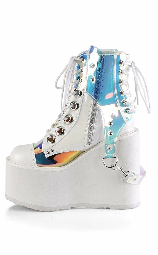 Demonia SWING-115 White & Holographic Platform Ankle Boots Shoes 5 Demonia SWING-115 White & Holographic Platform Ankle Boots Shoes