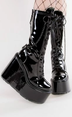 Demonia Shoes SWING-150 Black Patent Platform Knee High Boots