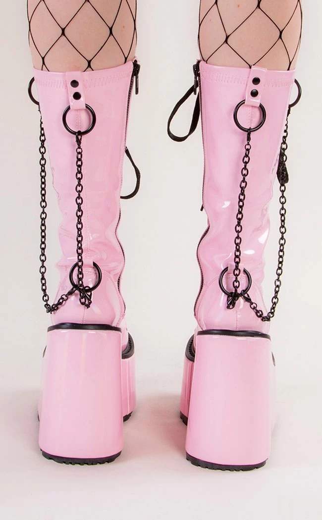 Demonia Shoes SWING-150 Pink Holographic Platform Knee High Boots 4 Demonia Shoes SWING-150 Pink Holographic Platform Knee High Boots