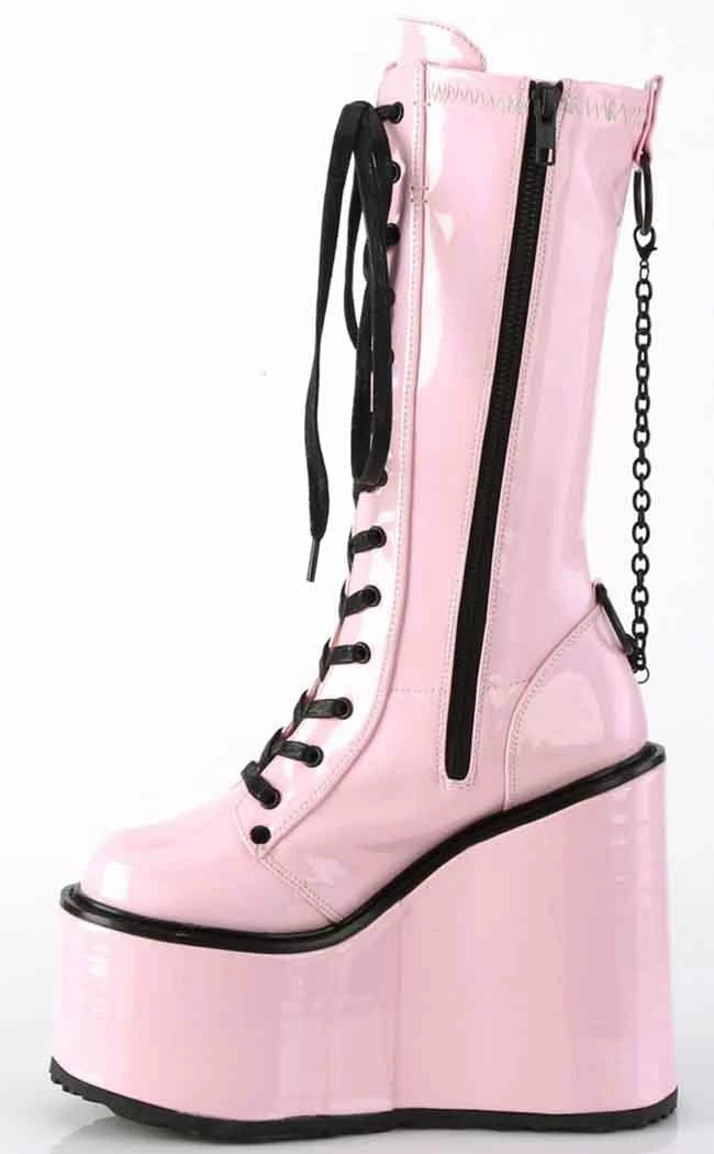 Demonia Shoes SWING-150 Pink Holographic Platform Knee High Boots 5 Demonia Shoes SWING-150 Pink Holographic Platform Knee High Boots
