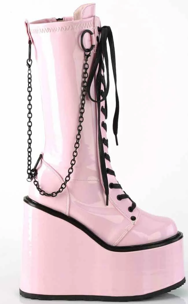 Demonia Shoes SWING-150 Pink Holographic Platform Knee High Boots 7 Demonia Shoes SWING-150 Pink Holographic Platform Knee High Boots
