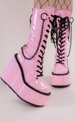 Demonia Shoes SWING-150 Pink Holographic Platform Knee High Boots