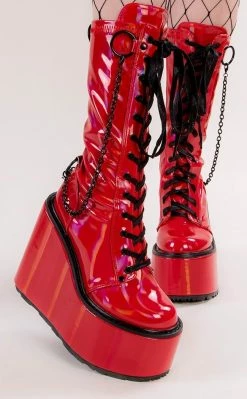 Demonia SWING-150 Red Holographic Platform Knee High Boots (Au Stock) Shoes