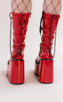 Demonia Shoes SWING-150 Red Holographic Platform Knee High Boots