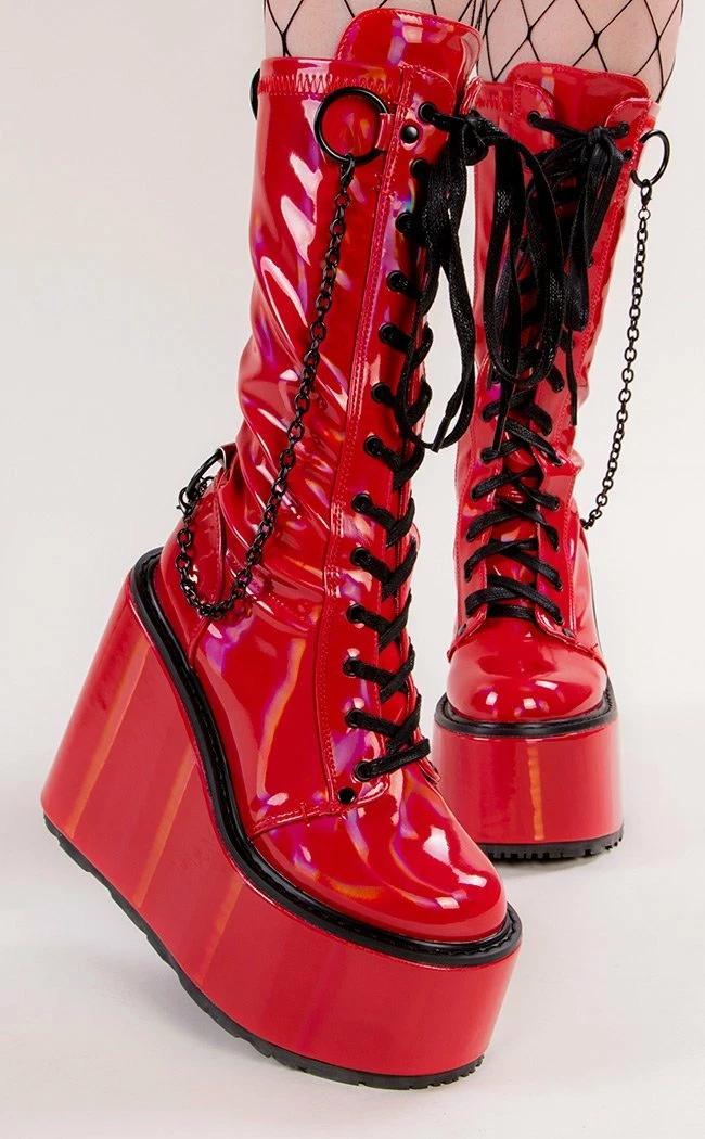 Demonia Shoes SWING-150 Red Holographic Platform Knee High Boots 3 Demonia Shoes SWING-150 Red Holographic Platform Knee High Boots