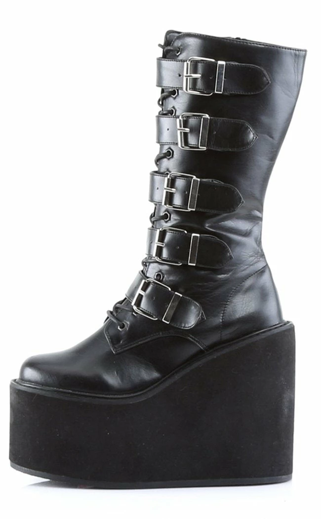 Demonia Shoes SWING-220 Black Vegan Leather Platform Knee High Boots 5 Demonia Shoes SWING-220 Black Vegan Leather Platform Knee High Boots