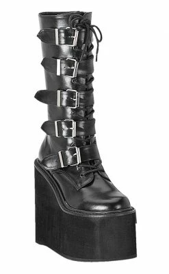 Demonia Shoes SWING-220 Black Vegan Leather Platform Knee High Boots