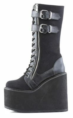 Demonia SWING-221 Black Canvas Platform Knee High Boots Shoes
