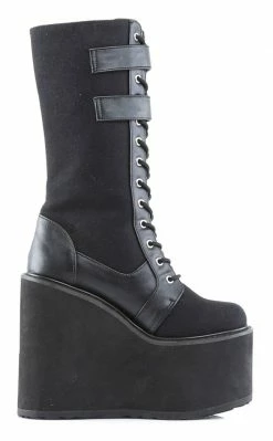 Demonia SWING-221 Black Canvas Platform Knee High Boots Shoes