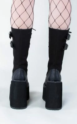 Demonia SWING-221 Black Canvas Platform Knee High Boots Shoes