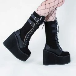 Demonia SWING-221 Black Canvas Platform Knee High Boots Shoes